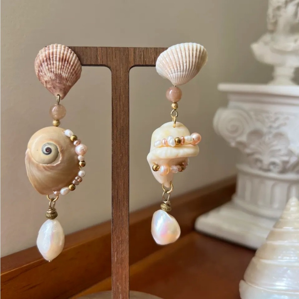 Handmade Seashell & Pearl Statement Earrings โโ One-of-a-Kind Ocean Treasure - Picture 2 of 5